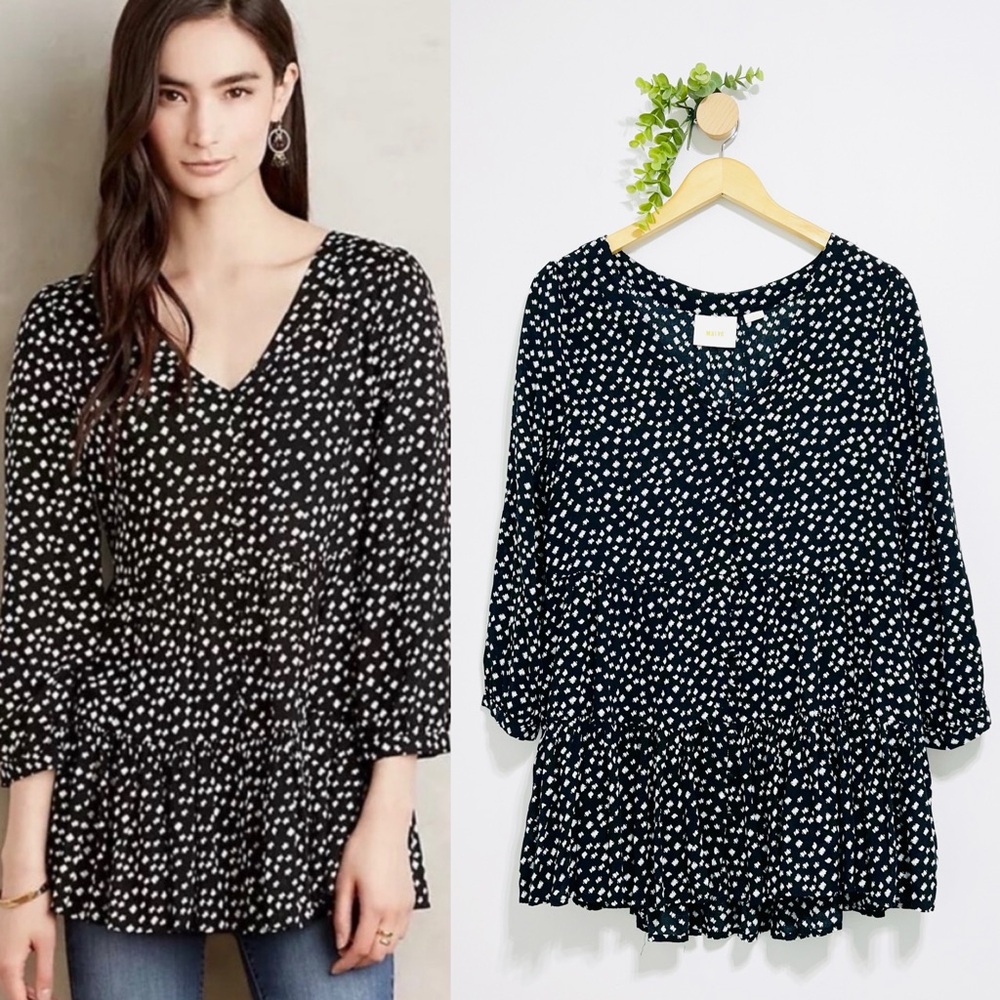 Anthropologie Maeve Black and White Lila Tiered Boho 100% Rayon Blouse